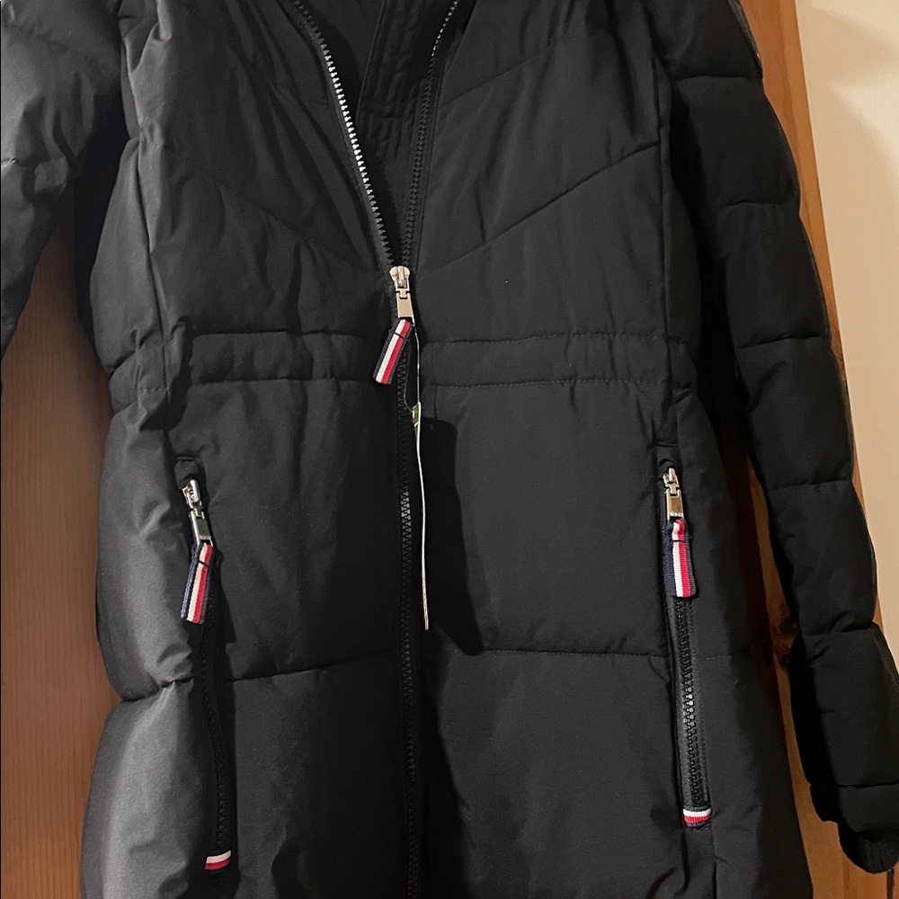 Tommy Hilfiger TH Flex Black Winter Jacket Removable Faux Fur Hood adj waist - Picture 9 of 14